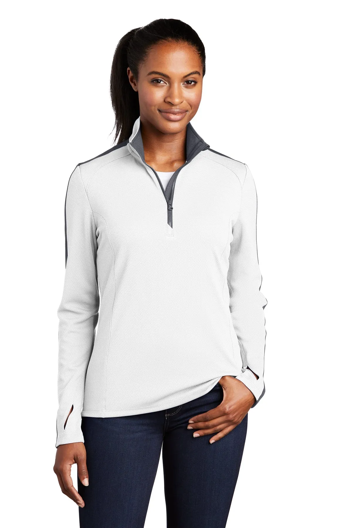 Sport-Tek Ladies Sport-Wick Textured Colorblock Customized 1/4-Zip Pullovers, White/ Iron Grey