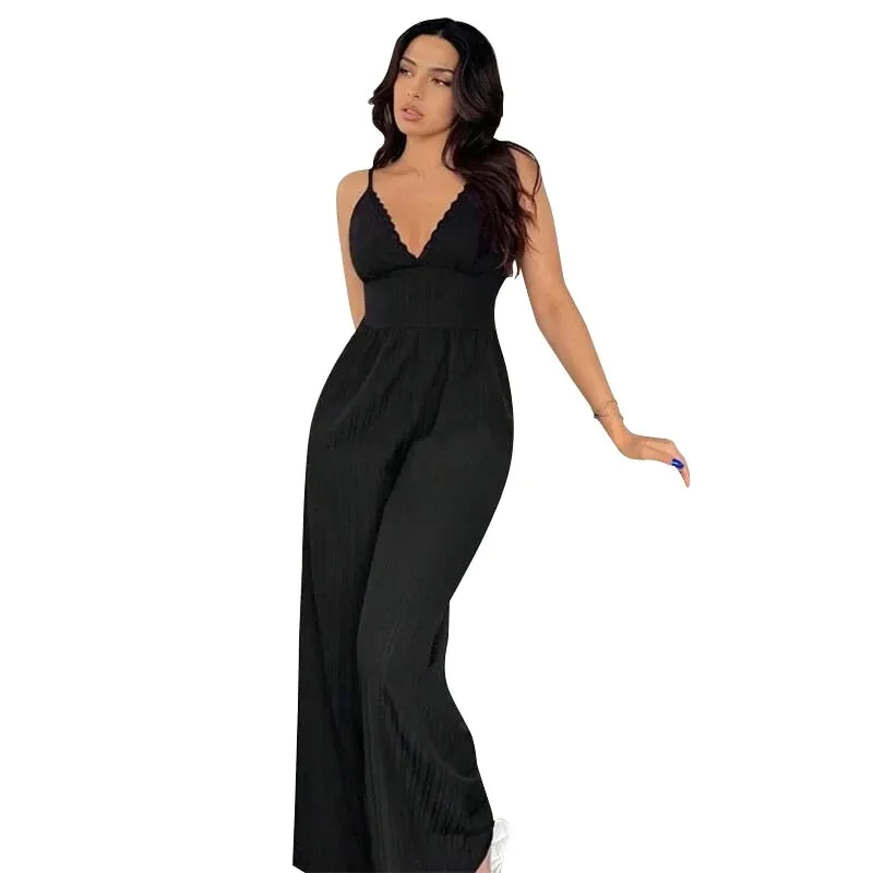 Stylish and elegant woven ribbon lace V-neck corset loose wide leg trousers long mop trousers loose jumpsuit