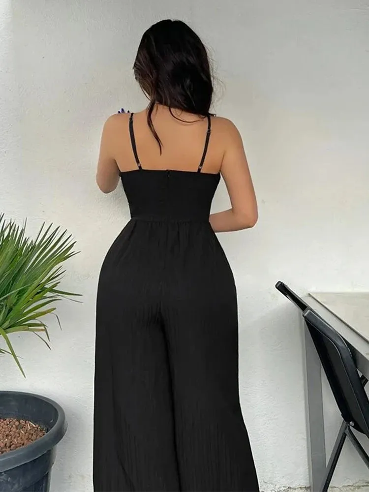 Stylish and elegant woven ribbon lace V-neck corset loose wide leg trousers long mop trousers loose jumpsuit