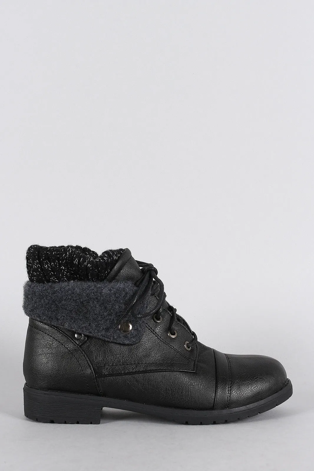 Sweater Fold Over Cuff Round Toe Lace Up Combat Booties