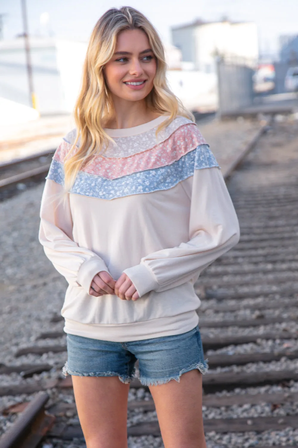 Taupe & Sky Blue Thermal Knit Out Seam Stitch Pullover (dropship)