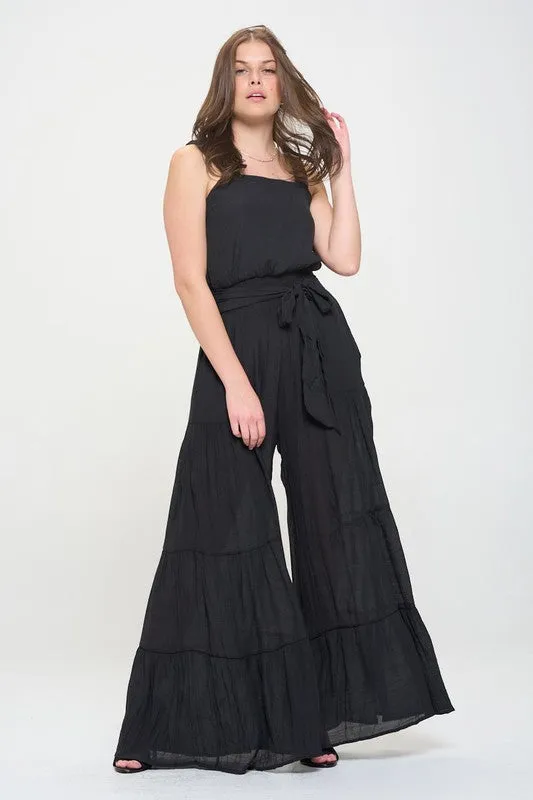 TEEK - PLUS SIZE ELASTIC STRAP TIERED POCKETED JUMPSUIT