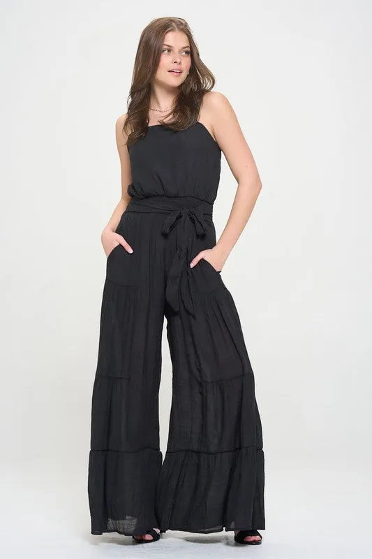 TEEK - PLUS SIZE ELASTIC STRAP TIERED POCKETED JUMPSUIT