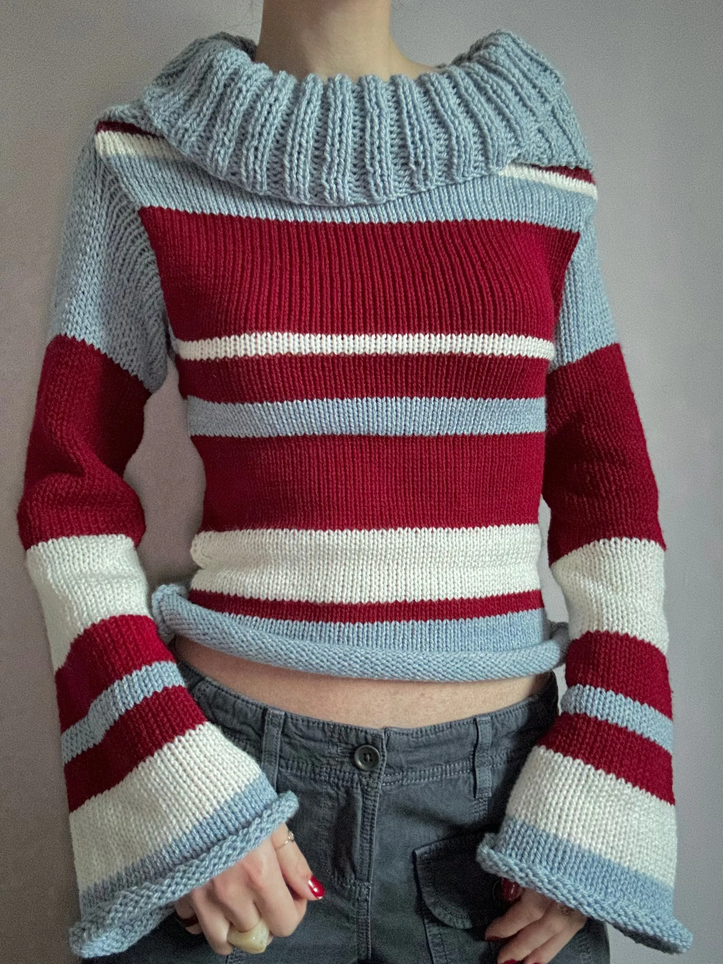 The Raya Jumper - striped cream, red and baby blue roll neck knitted jumper