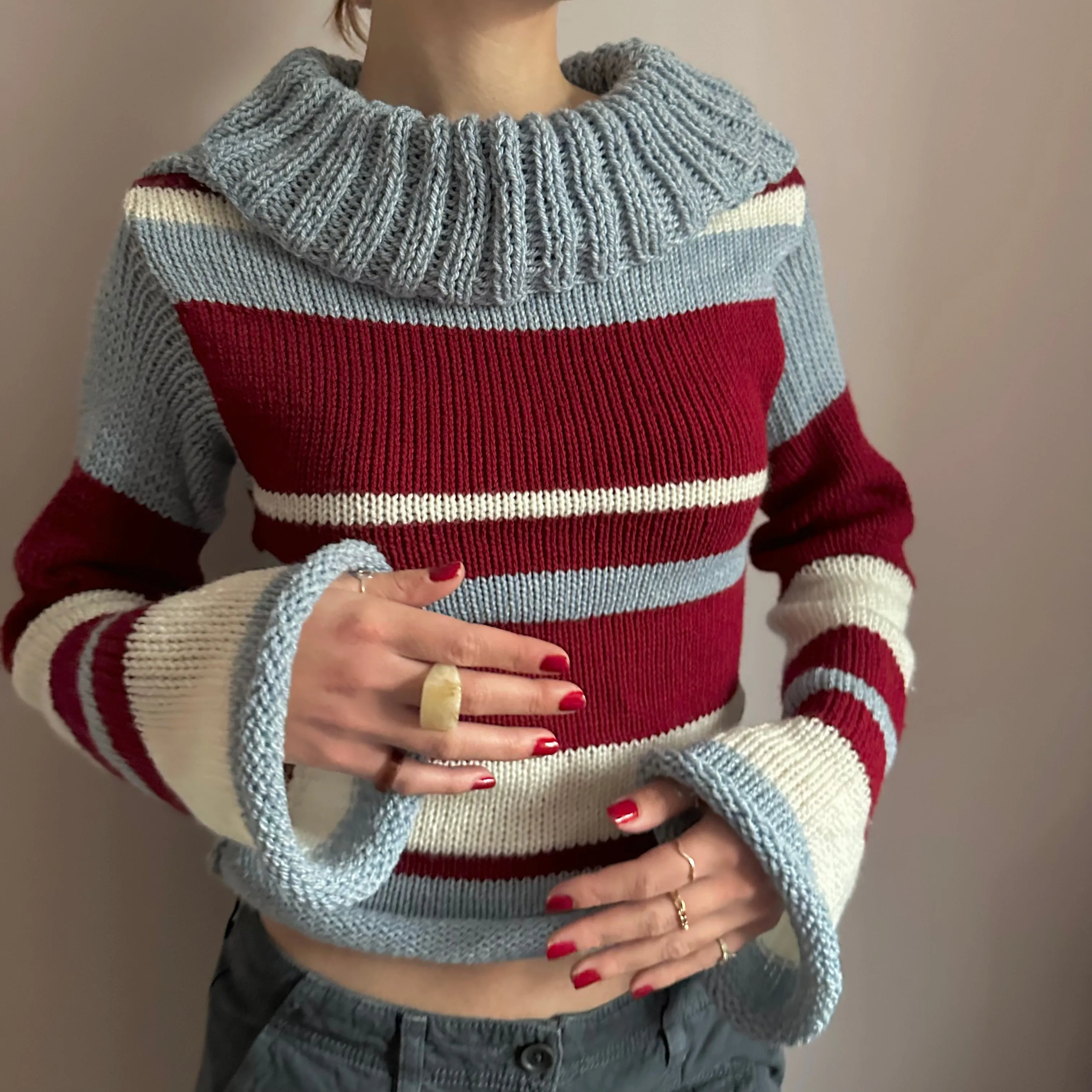 The Raya Jumper - striped cream, red and baby blue roll neck knitted jumper