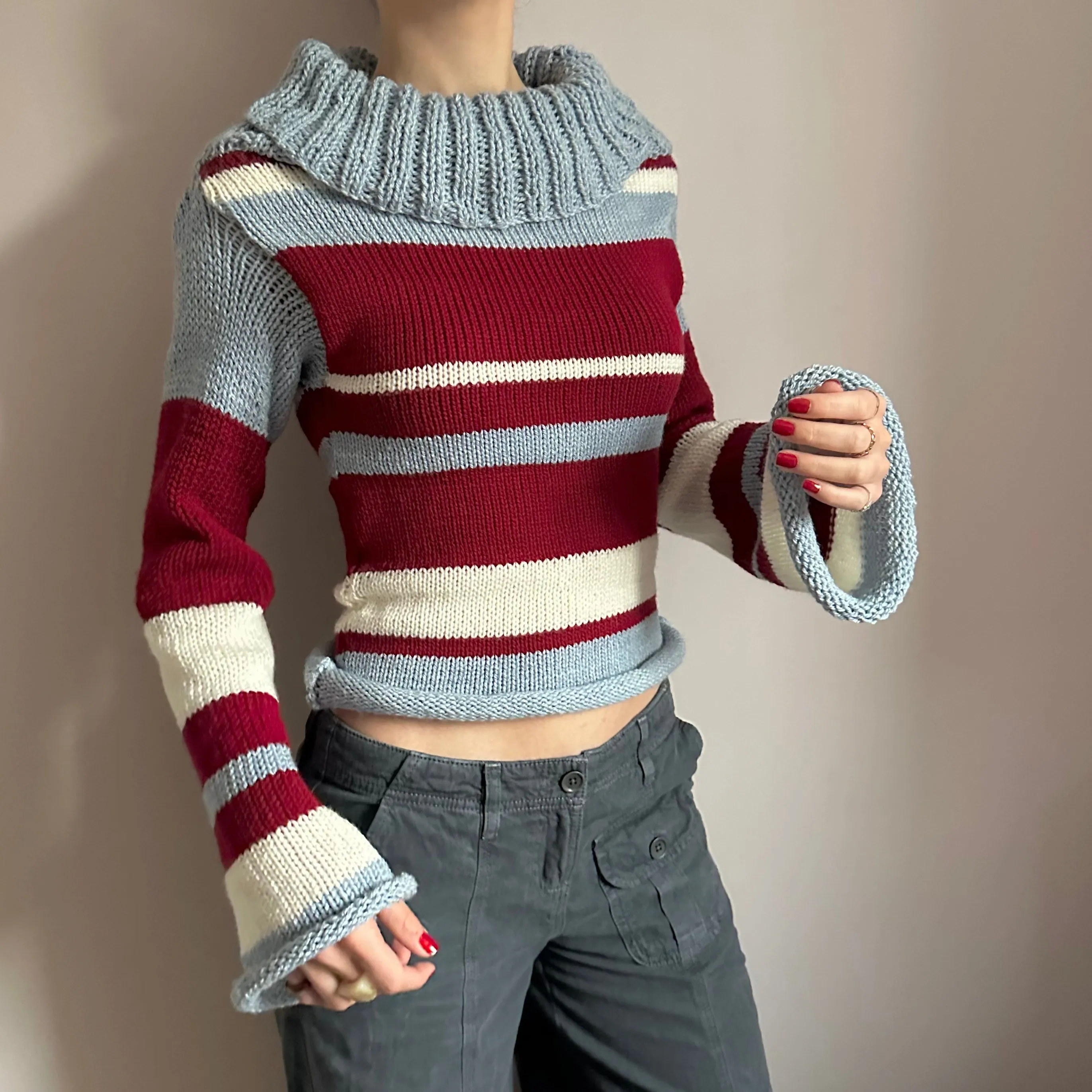 The Raya Jumper - striped cream, red and baby blue roll neck knitted jumper