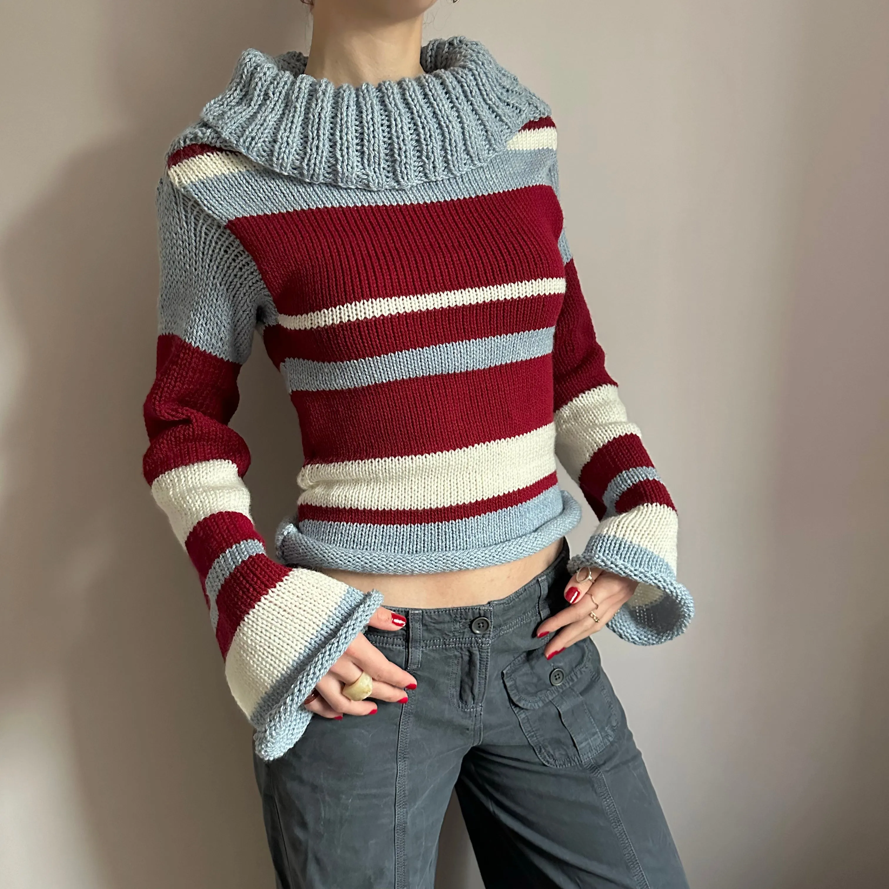 The Raya Jumper - striped cream, red and baby blue roll neck knitted jumper