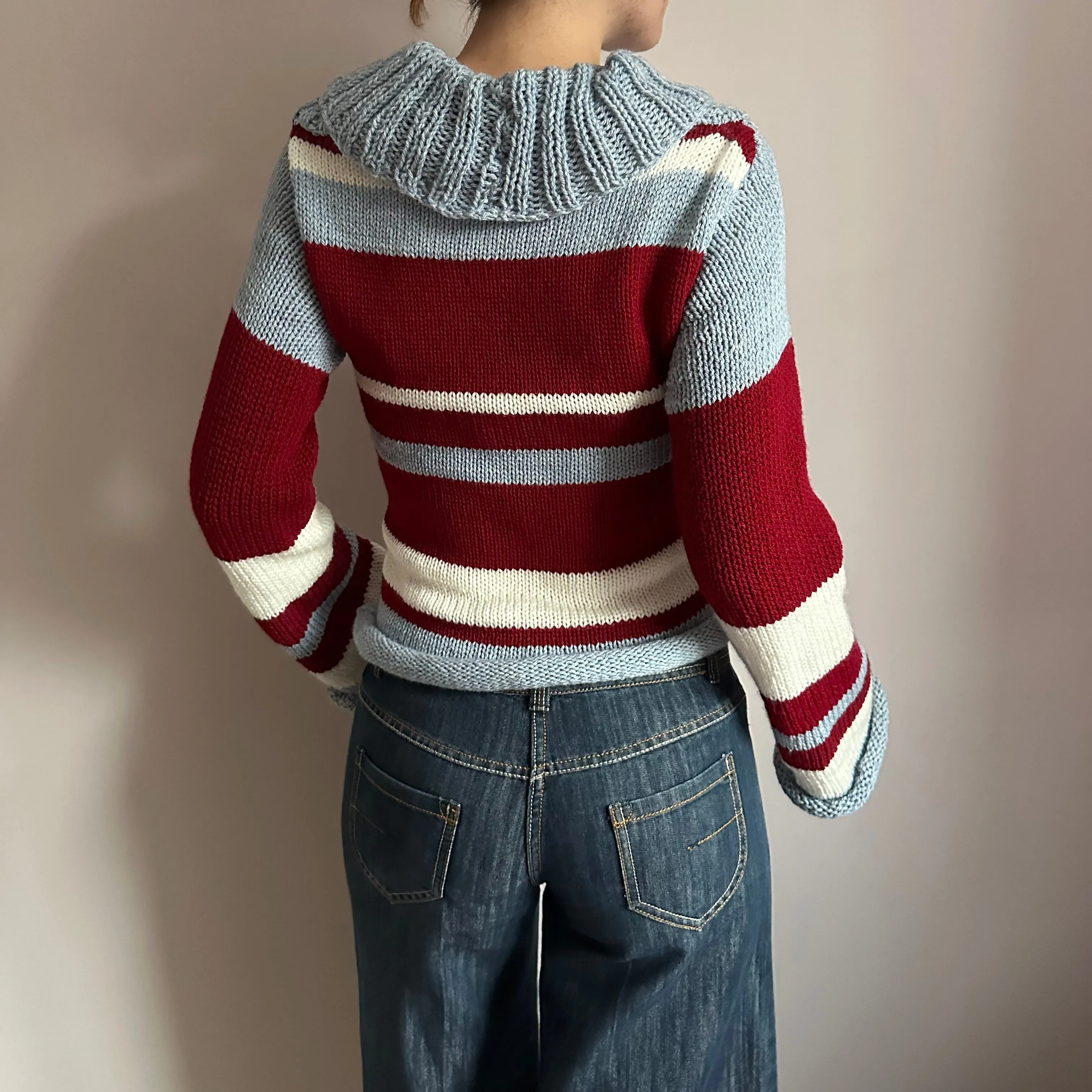 The Raya Jumper - striped cream, red and baby blue roll neck knitted jumper