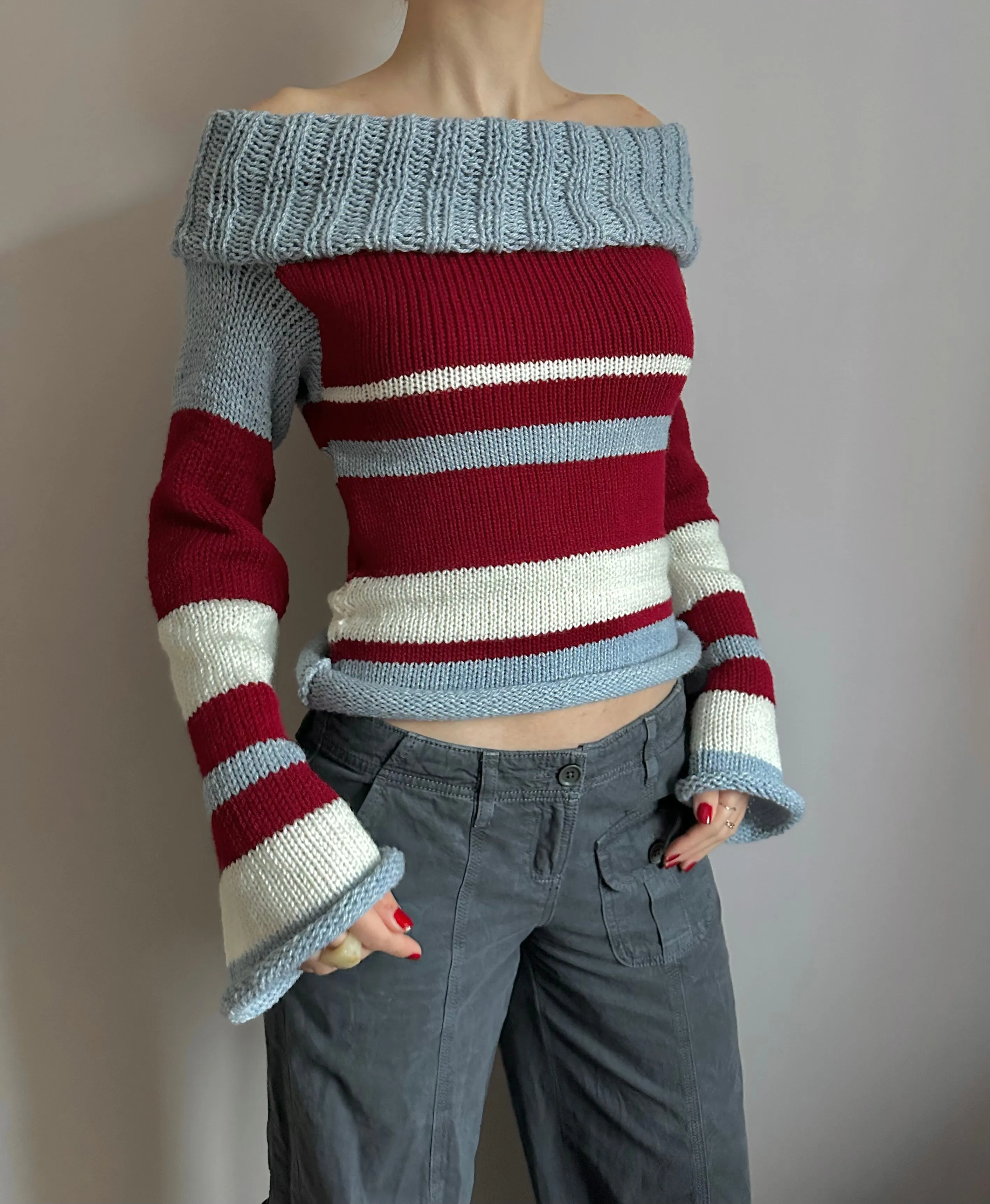 The Raya Jumper - striped cream, red and baby blue roll neck knitted jumper