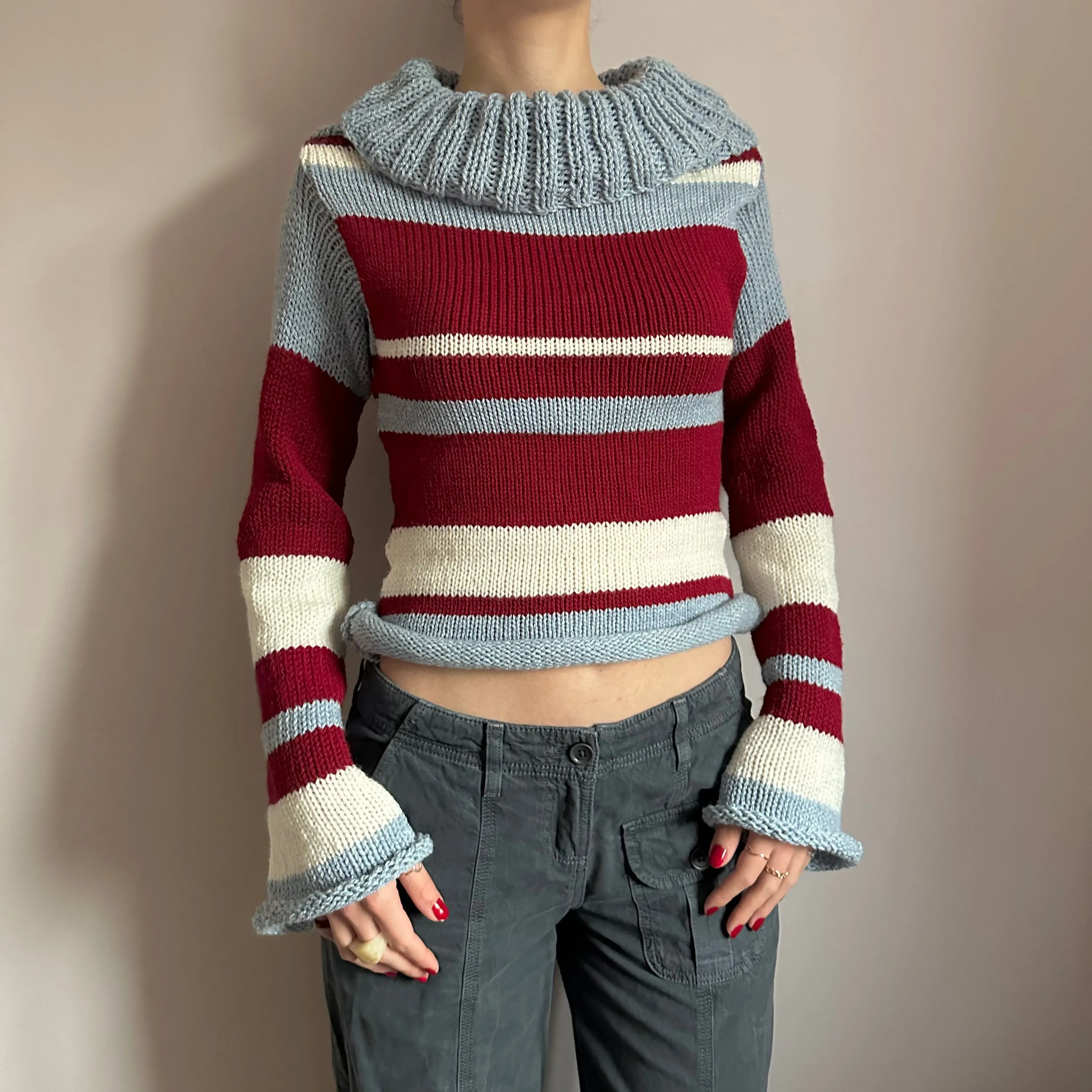 The Raya Jumper - striped cream, red and baby blue roll neck knitted jumper