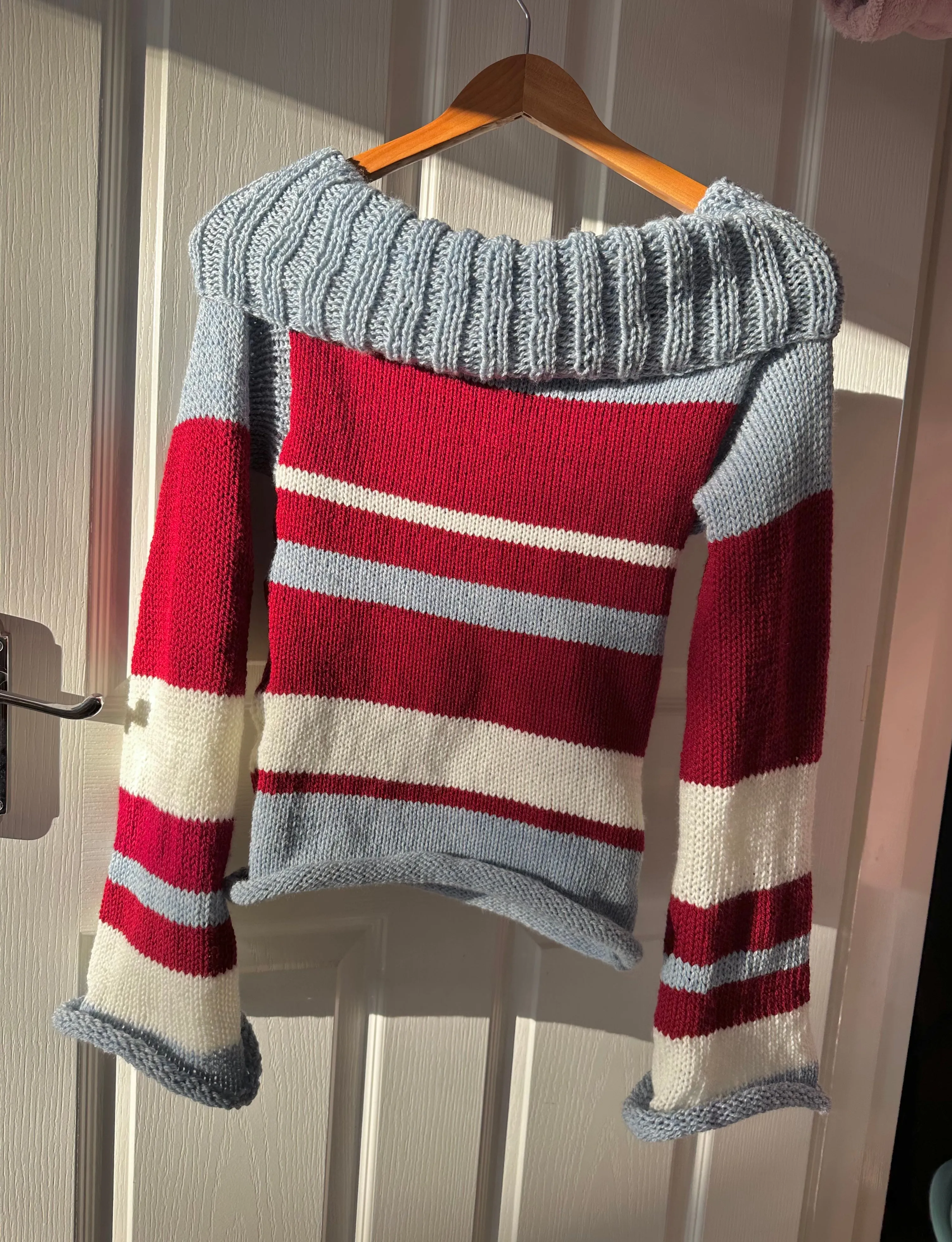 The Raya Jumper - striped cream, red and baby blue roll neck knitted jumper