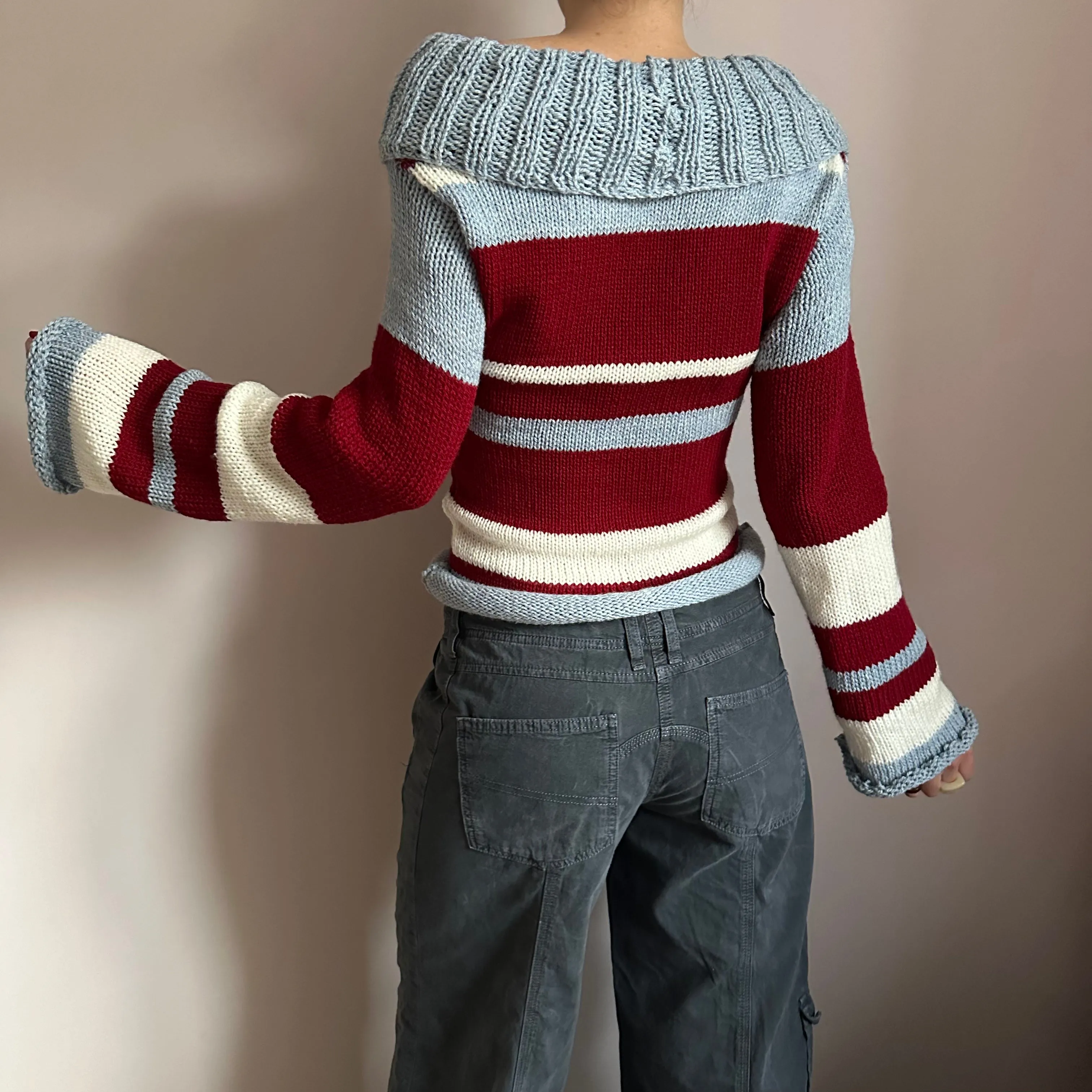 The Raya Jumper - striped cream, red and baby blue roll neck knitted jumper