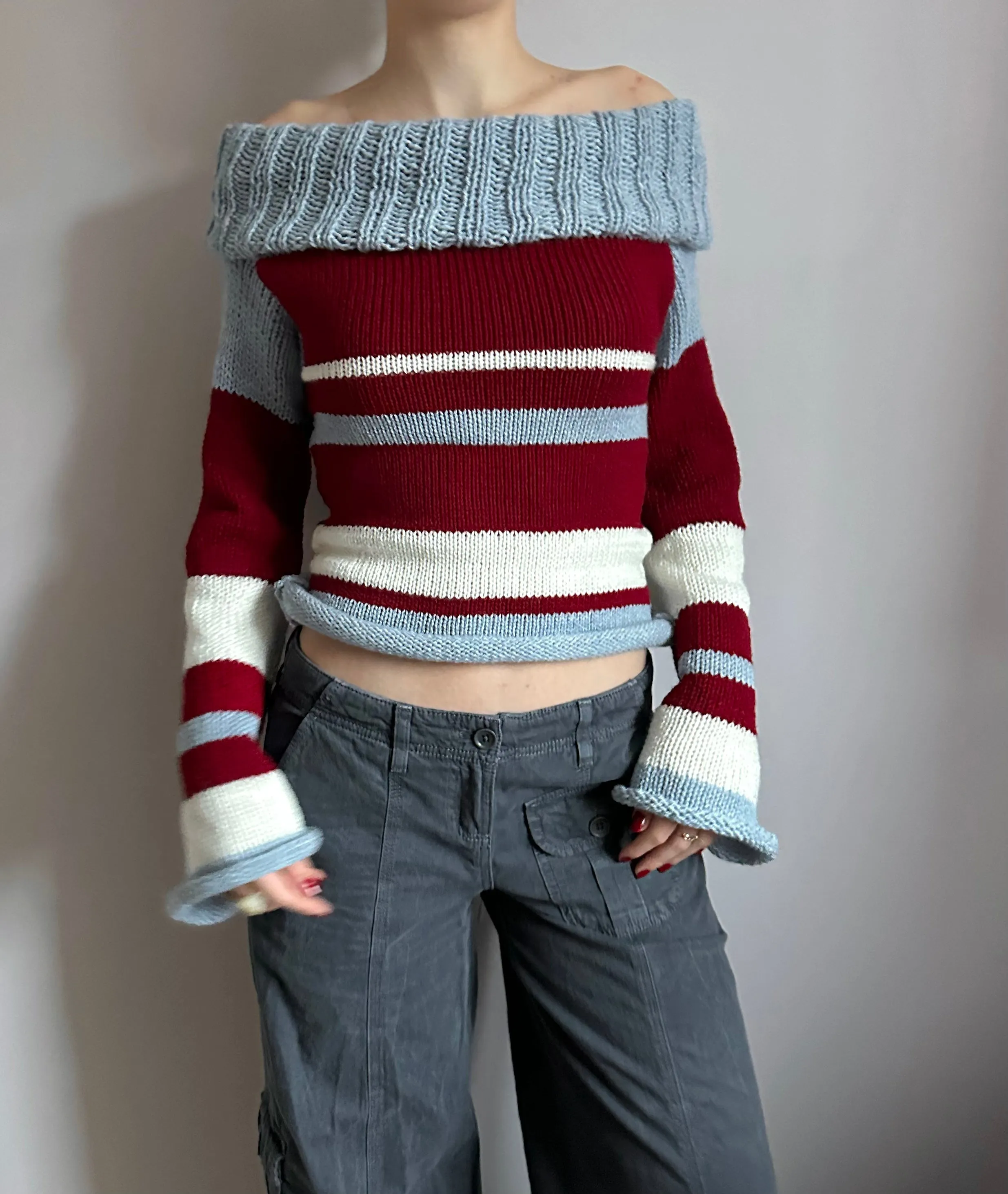 The Raya Jumper - striped cream, red and baby blue roll neck knitted jumper