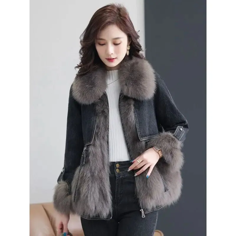 Thick Warm Wide-waisted Patchwork Faux Fox Denim Coats