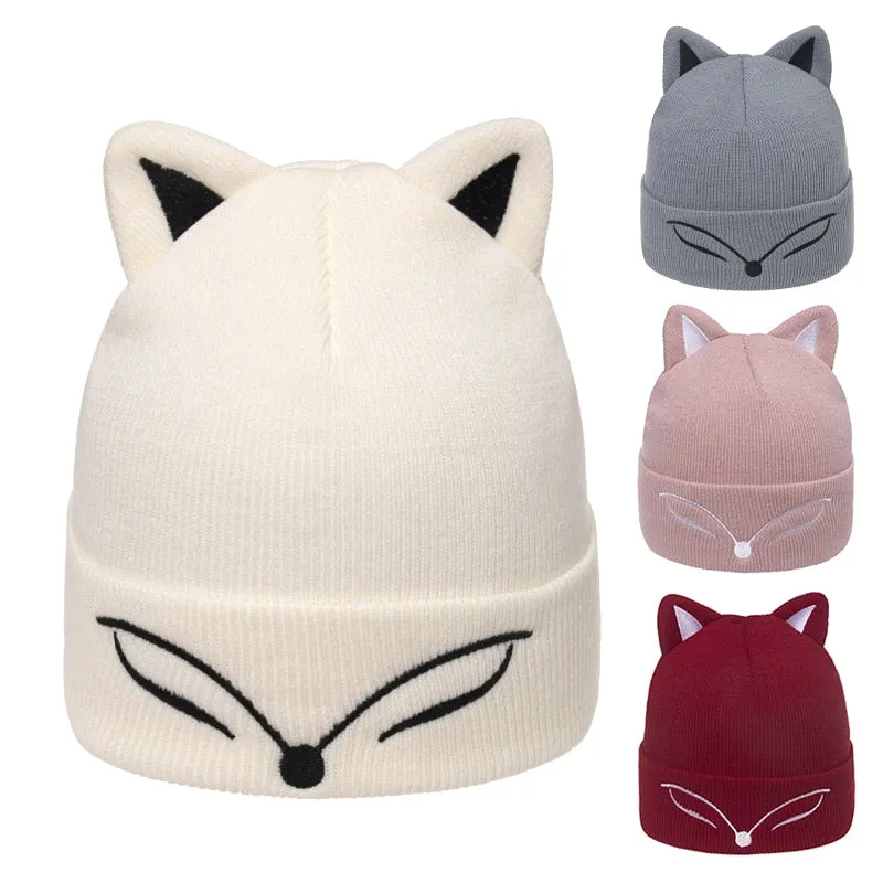 Thickened Knitted Hat fox ear Embroidered Pullover Hat Autumn Winter Knitted Hat Blinking embroidery Women's Warm Hat Women Cap