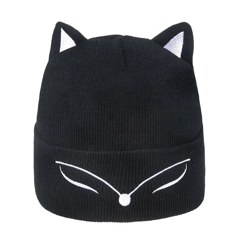 Thickened Knitted Hat fox ear Embroidered Pullover Hat Autumn Winter Knitted Hat Blinking embroidery Women's Warm Hat Women Cap