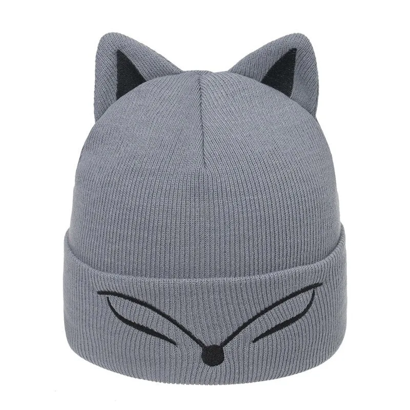 Thickened Knitted Hat fox ear Embroidered Pullover Hat Autumn Winter Knitted Hat Blinking embroidery Women's Warm Hat Women Cap