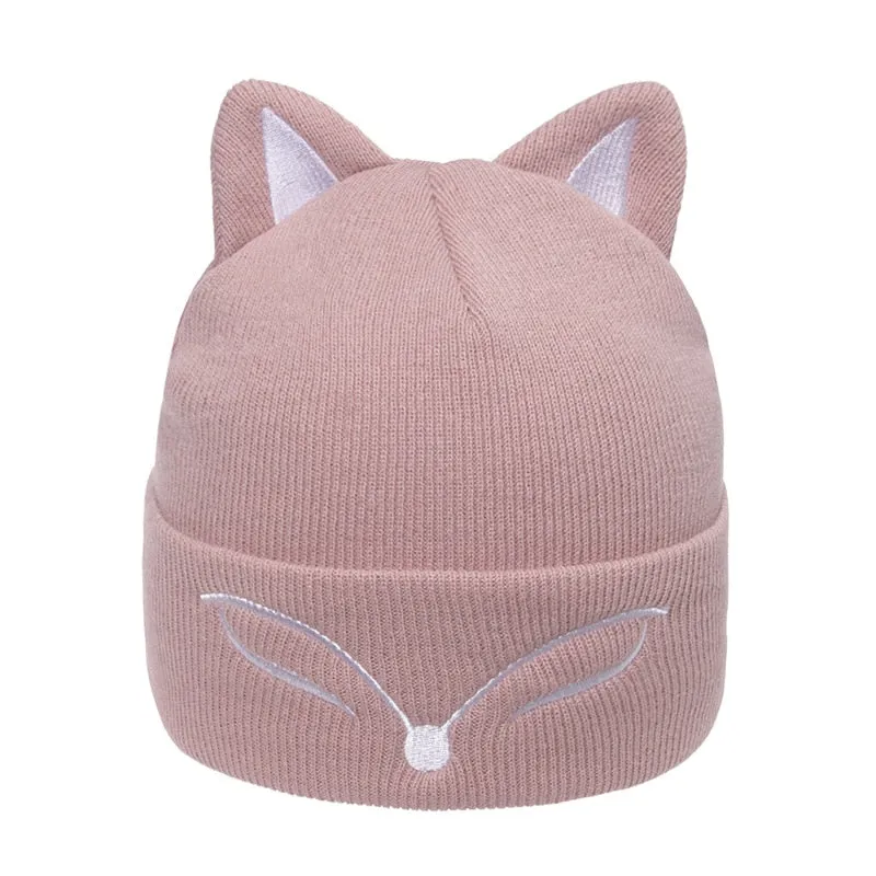 Thickened Knitted Hat fox ear Embroidered Pullover Hat Autumn Winter Knitted Hat Blinking embroidery Women's Warm Hat Women Cap