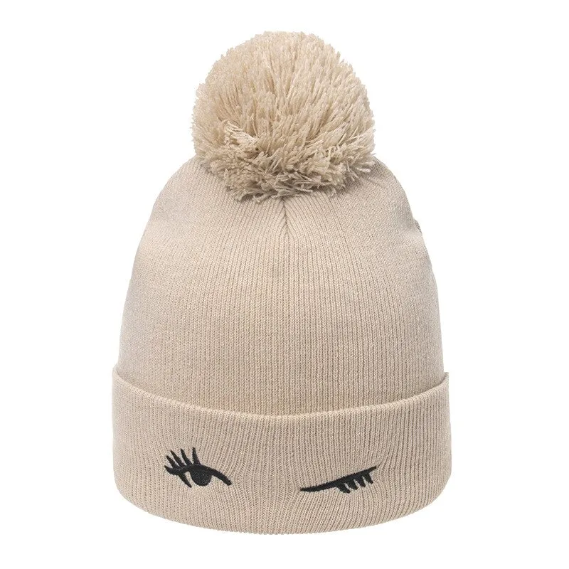 Thickened Knitted Hat fox ear Embroidered Pullover Hat Autumn Winter Knitted Hat Blinking embroidery Women's Warm Hat Women Cap