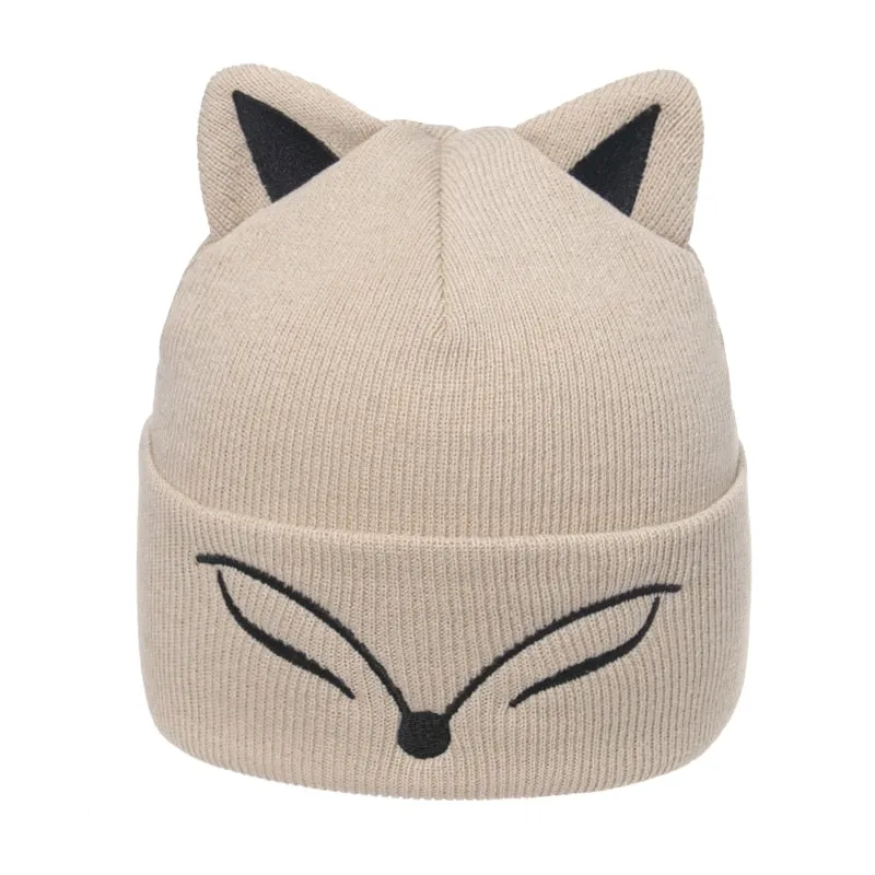 Thickened Knitted Hat fox ear Embroidered Pullover Hat Autumn Winter Knitted Hat Blinking embroidery Women's Warm Hat Women Cap