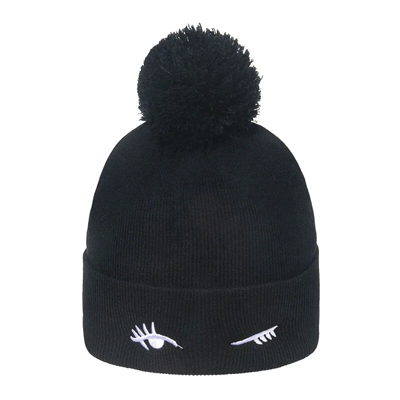 Thickened Knitted Hat fox ear Embroidered Pullover Hat Autumn Winter Knitted Hat Blinking embroidery Women's Warm Hat Women Cap