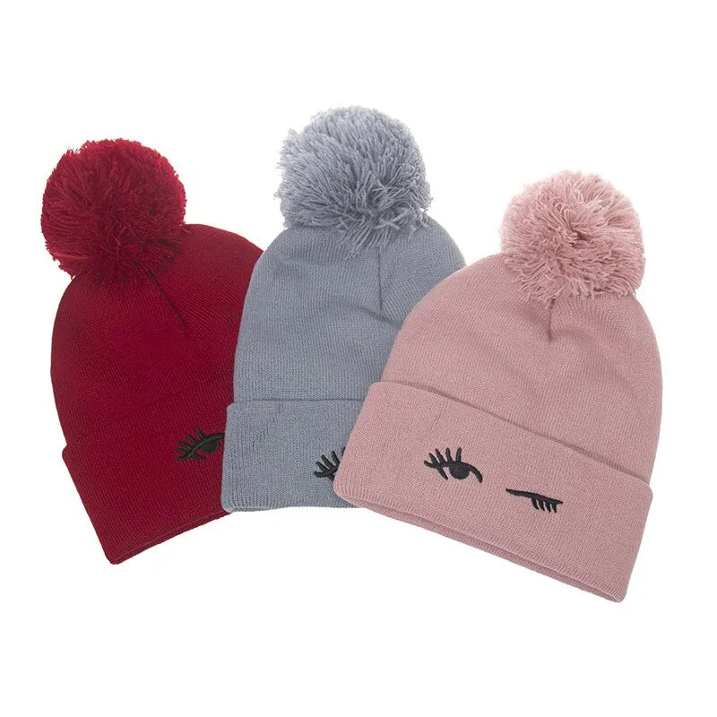 Thickened Knitted Hat fox ear Embroidered Pullover Hat Autumn Winter Knitted Hat Blinking embroidery Women's Warm Hat Women Cap