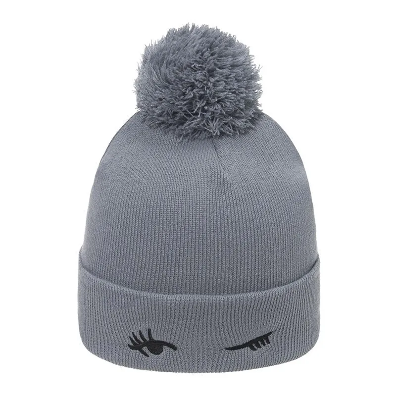 Thickened Knitted Hat fox ear Embroidered Pullover Hat Autumn Winter Knitted Hat Blinking embroidery Women's Warm Hat Women Cap