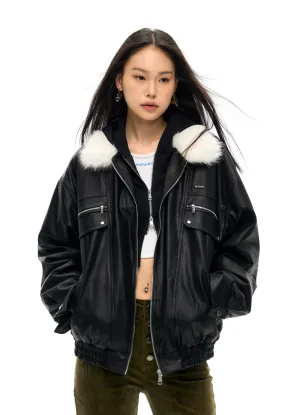 Trailblazer Fur Collar Black Pocket Leather Coat