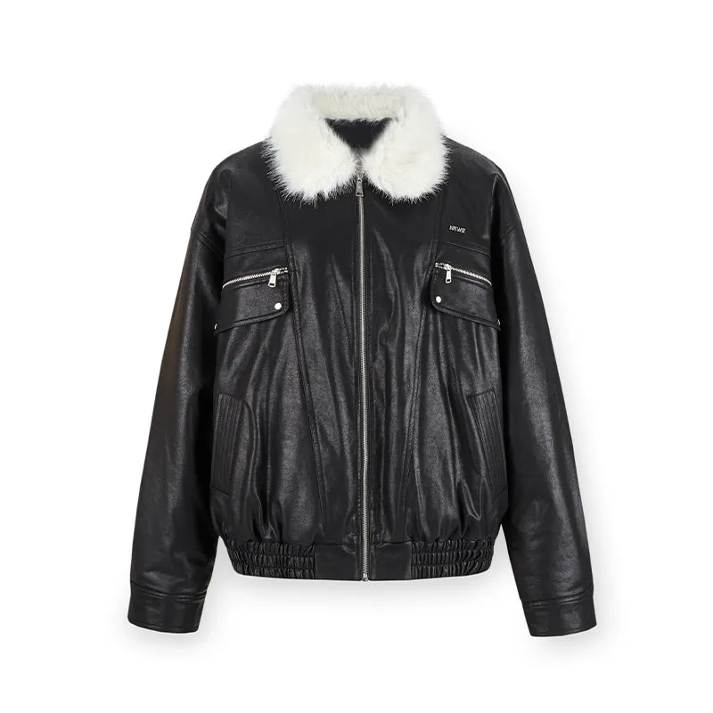 Trailblazer Fur Collar Black Pocket Leather Coat