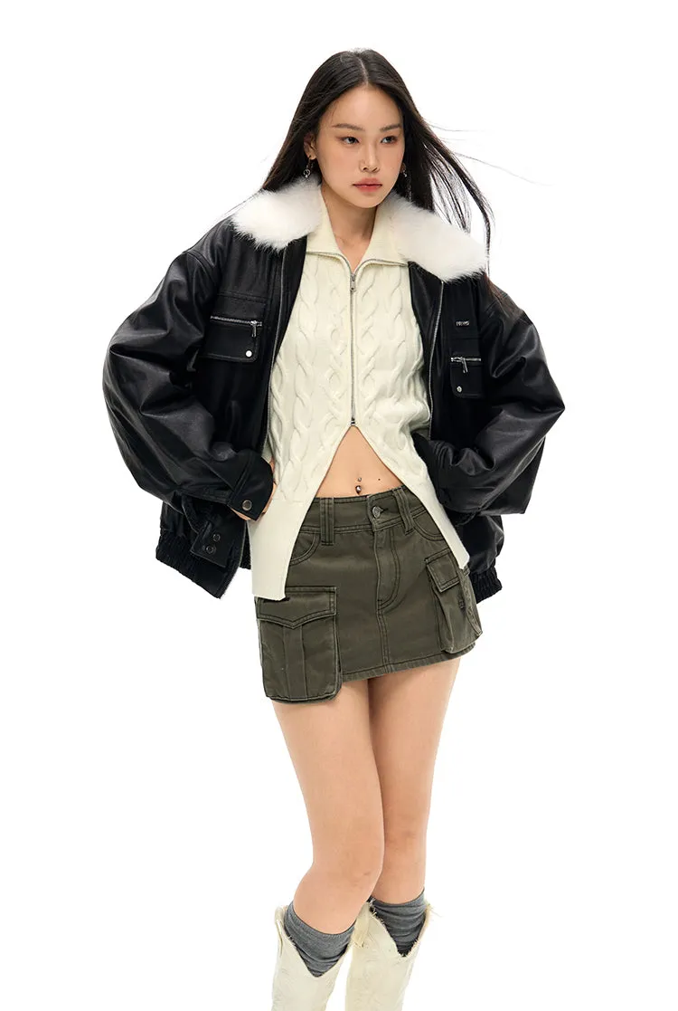 Trailblazer Fur Collar Black Pocket Leather Coat