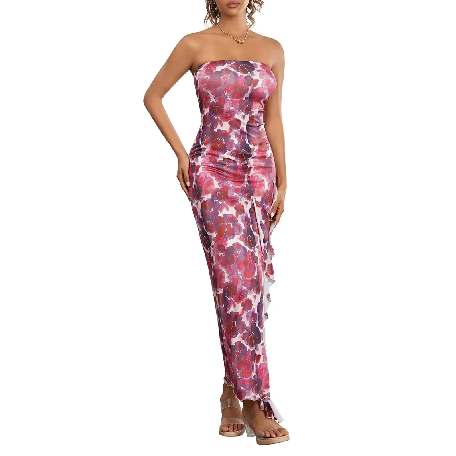 Tube Strapless Backless Flower Print Slit Cocktail Summer Fashion Dress