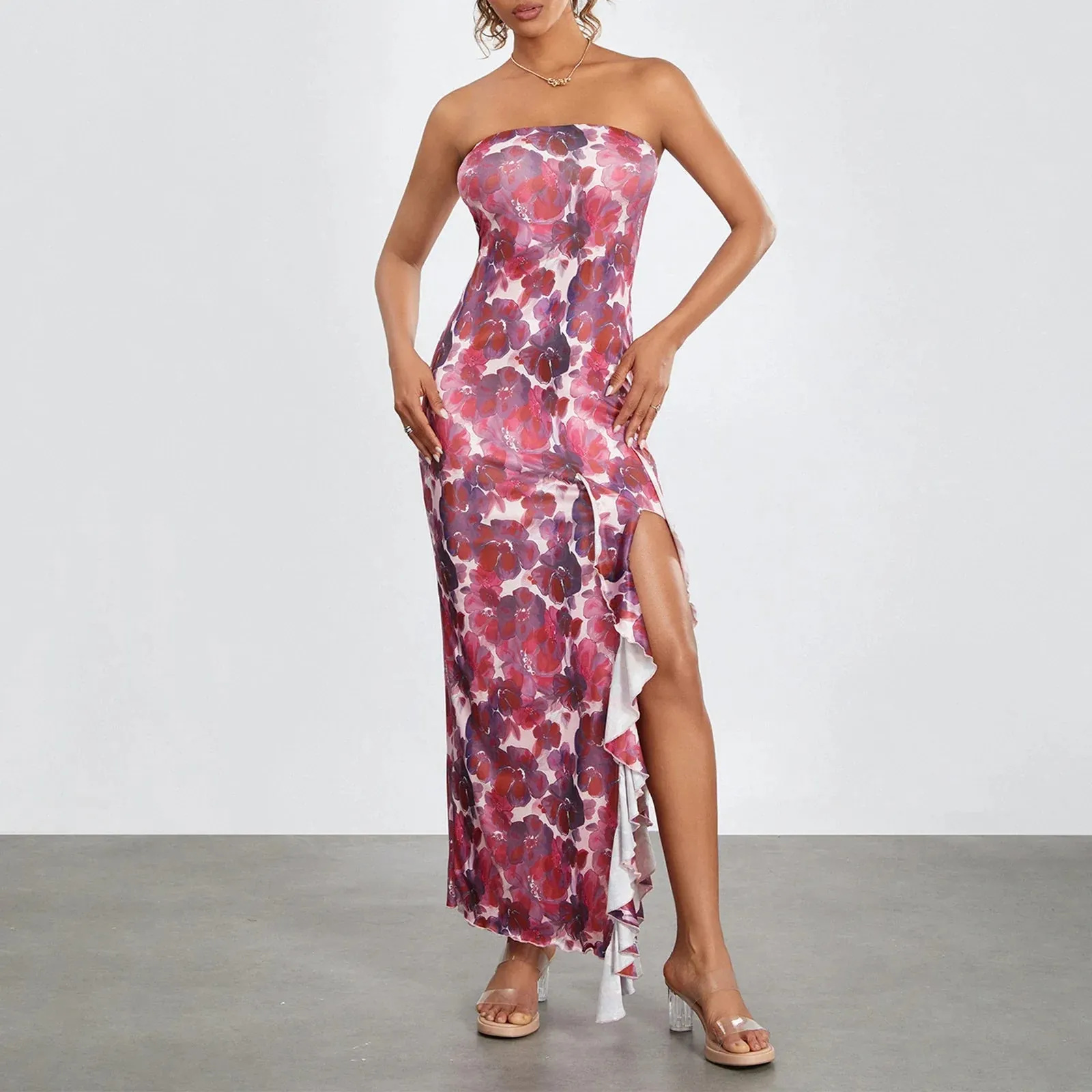 Tube Strapless Backless Flower Print Slit Cocktail Summer Fashion Dress