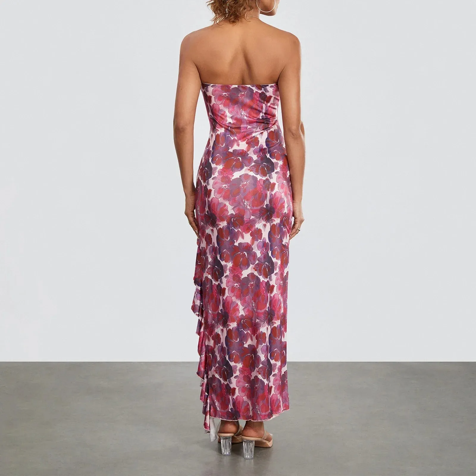 Tube Strapless Backless Flower Print Slit Cocktail Summer Fashion Dress