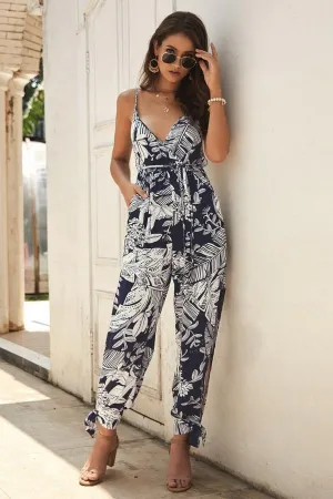 V Neck Sleeveless Belt Jumpsuit