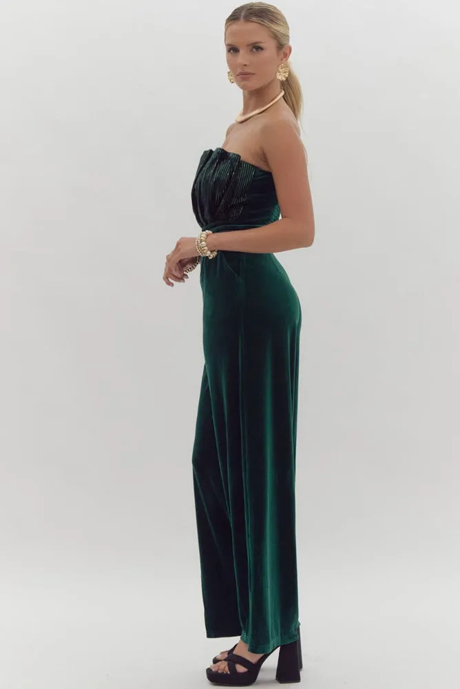 Velvet Sequin Strapless Jumpsuit in Emerald by Entro