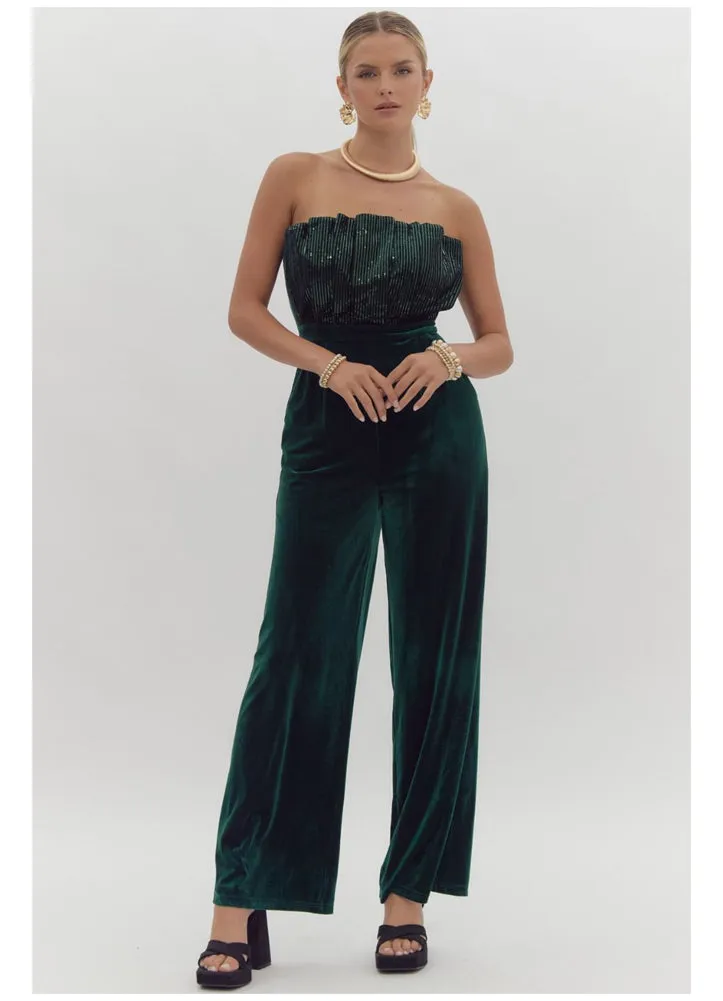 Velvet Sequin Strapless Jumpsuit in Emerald by Entro