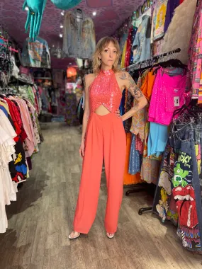 Vintage Coral Sequin Halter Disco Jumpsuit