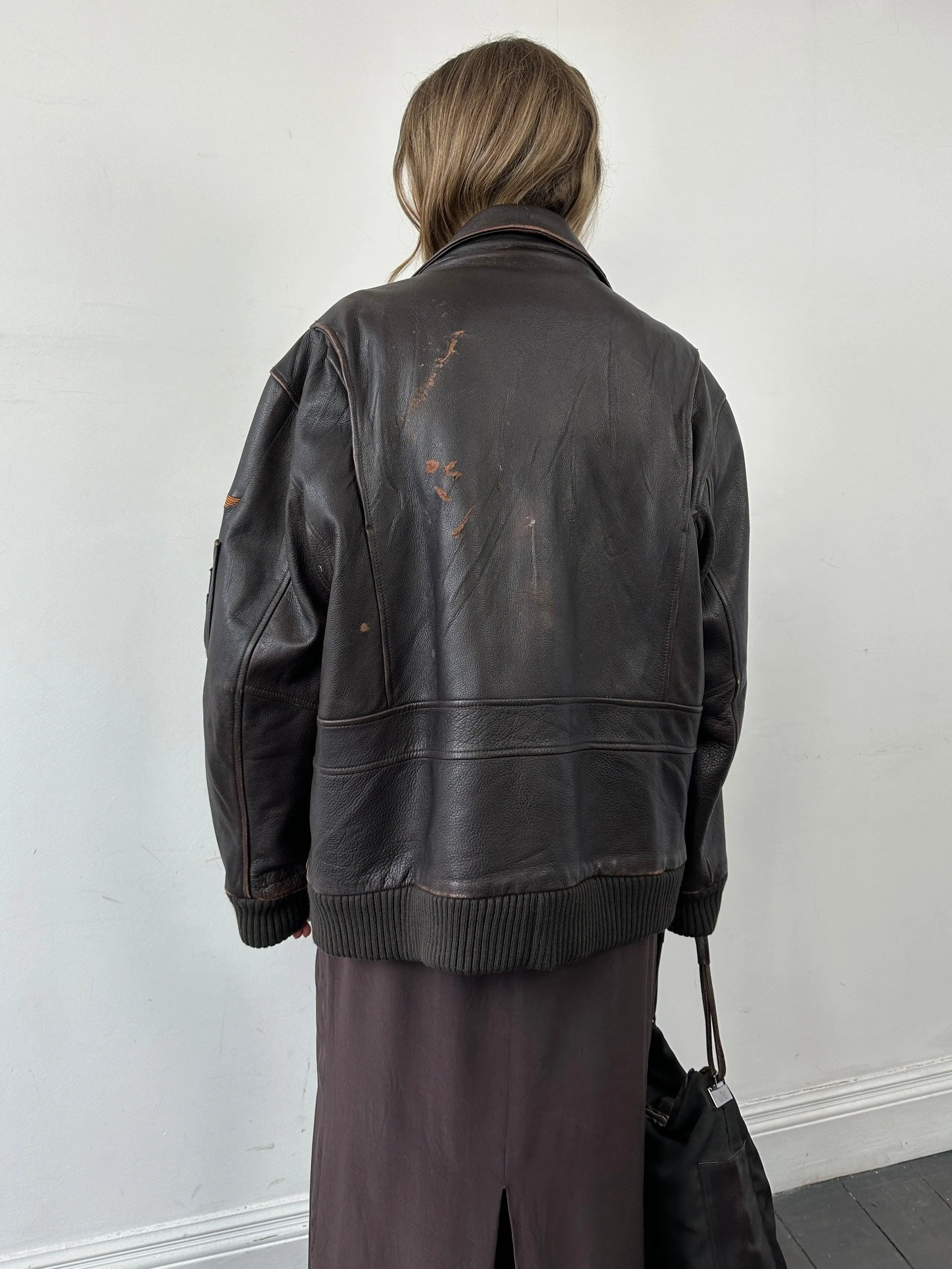 Vintage Distressed Leather Flight Jacket - XL/XXL