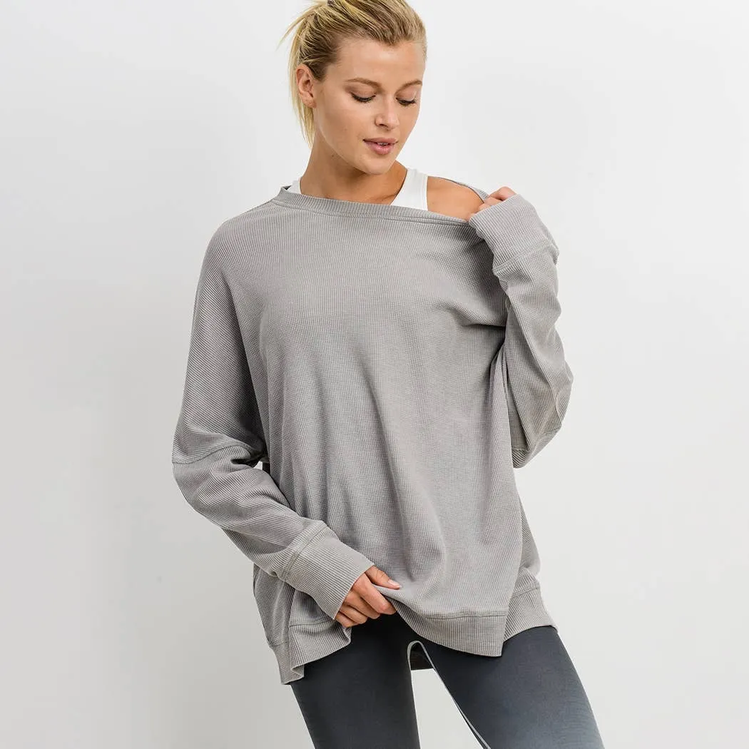 Waffle Ribbed Roundneck Pullover Mineral Washed-Light Gray