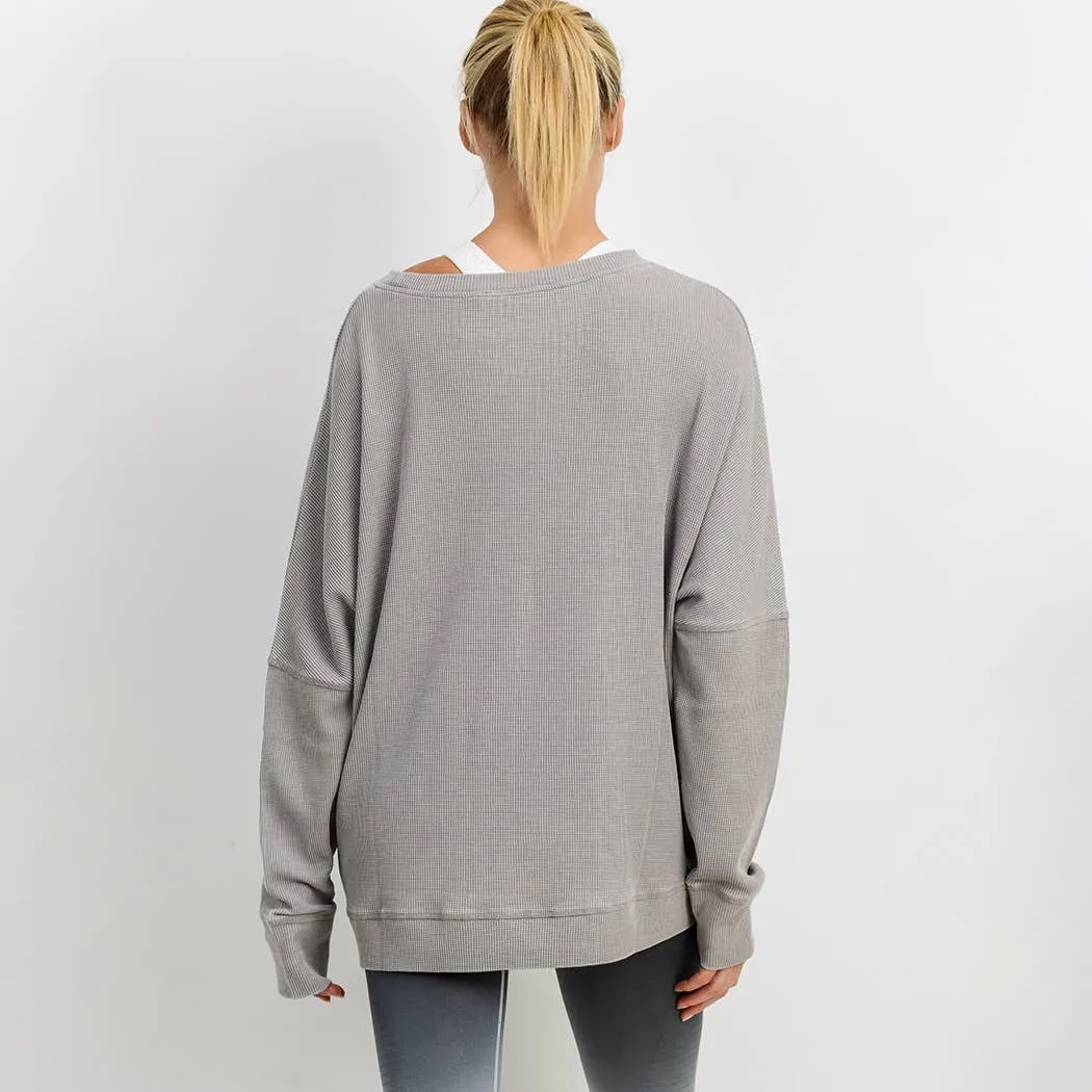 Waffle Ribbed Roundneck Pullover Mineral Washed-Light Gray