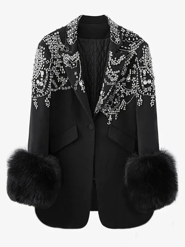 Wenkouban-Winter outfits Christmas Black Friday Fashion Fur Sleeve Shimmer Rhinestone Blazer Coat