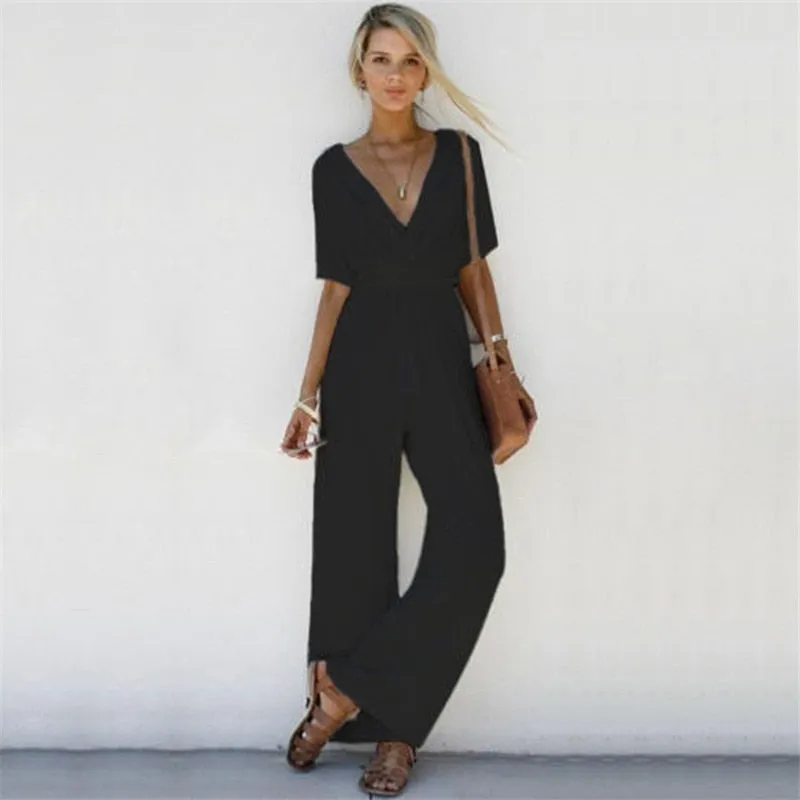 Wenkouban Women Summer Loose Short Sleeve Casual Jumpsuit Ladies Elegant V-Neck Fashion Clubwear Wide Leg Slim Pants Trousers