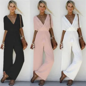 Wenkouban Women Summer Loose Short Sleeve Casual Jumpsuit Ladies Elegant V-Neck Fashion Clubwear Wide Leg Slim Pants Trousers