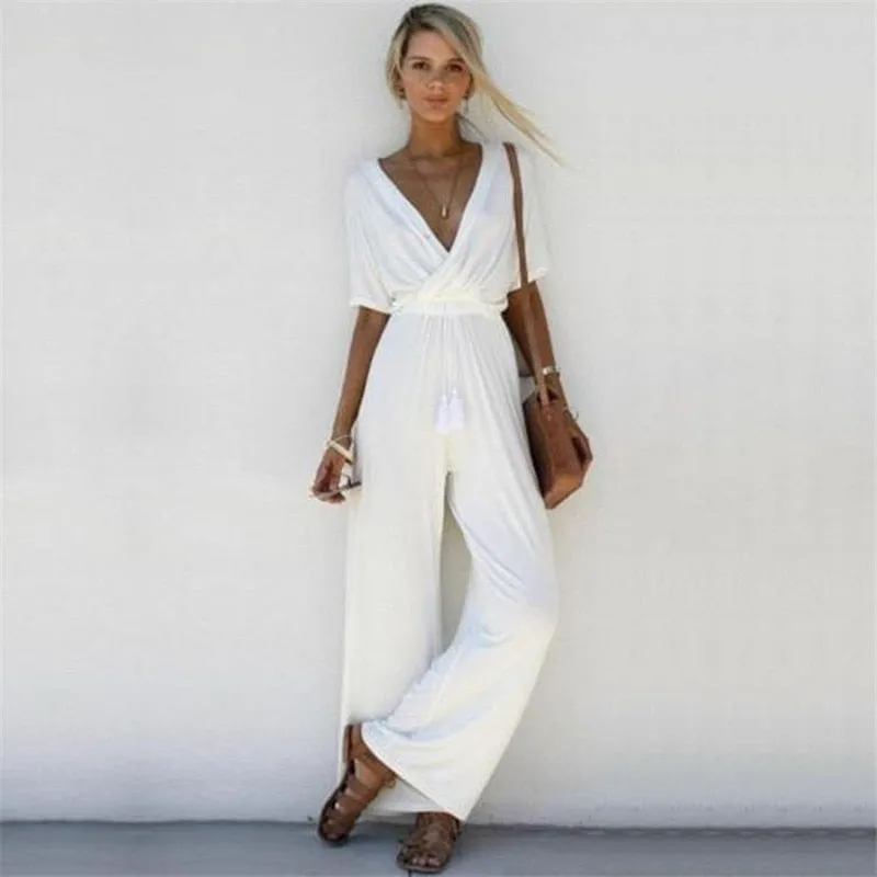 Wenkouban Women Summer Loose Short Sleeve Casual Jumpsuit Ladies Elegant V-Neck Fashion Clubwear Wide Leg Slim Pants Trousers