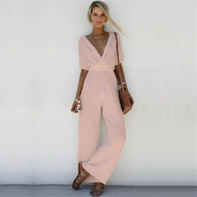 Wenkouban Women Summer Loose Short Sleeve Casual Jumpsuit Ladies Elegant V-Neck Fashion Clubwear Wide Leg Slim Pants Trousers