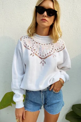 White Pullover Sweatshirt with Cutwork Floral Detail