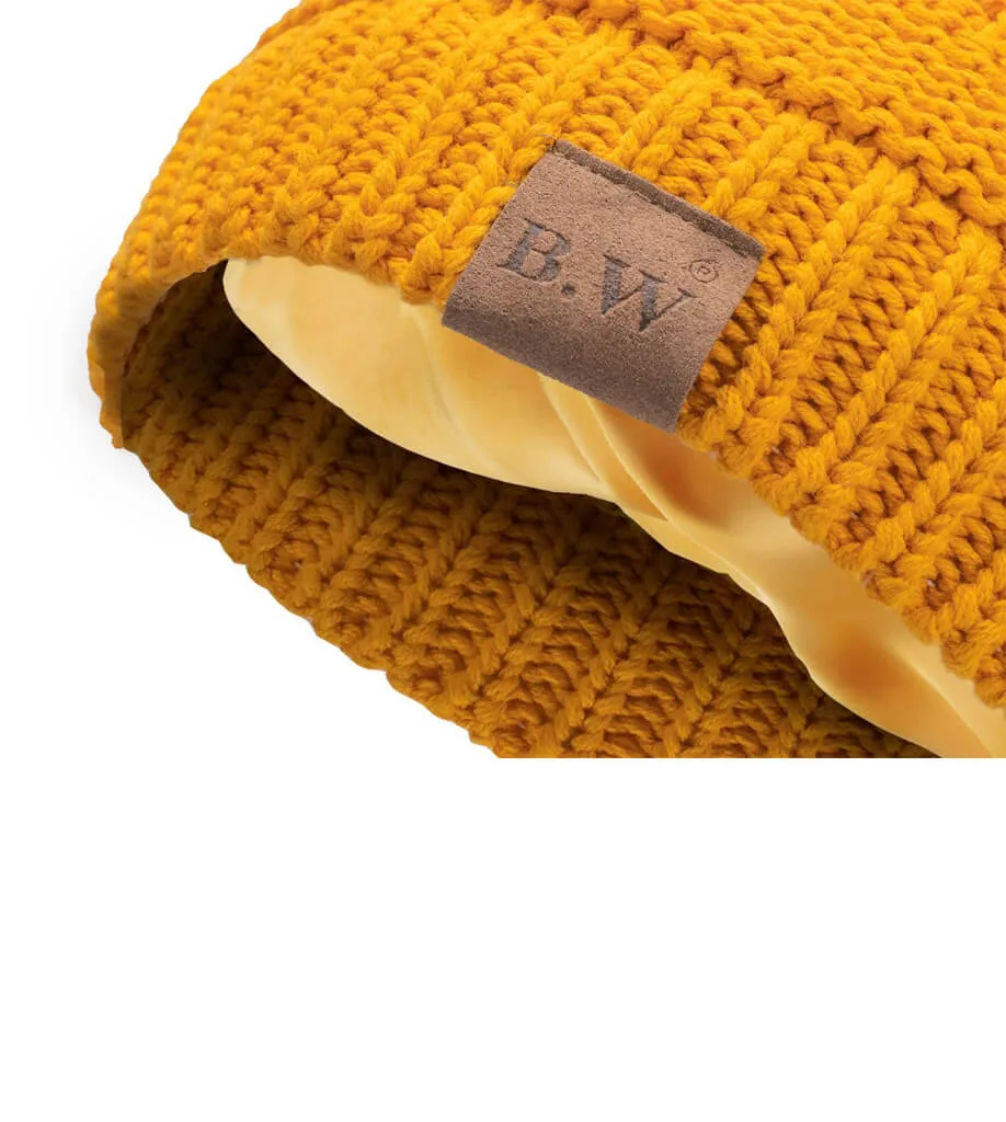 Winter Hat | Satin Lined | Detachable Pom Pom |  Yellow Beanie