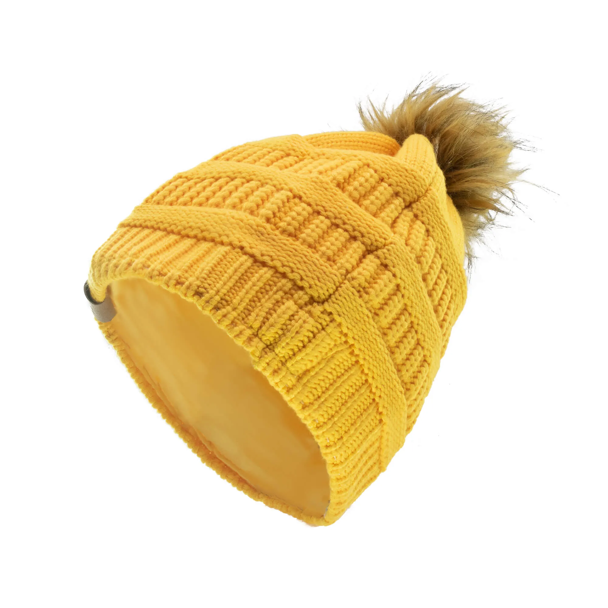 Winter Hat | Satin Lined | Detachable Pom Pom |  Yellow Beanie