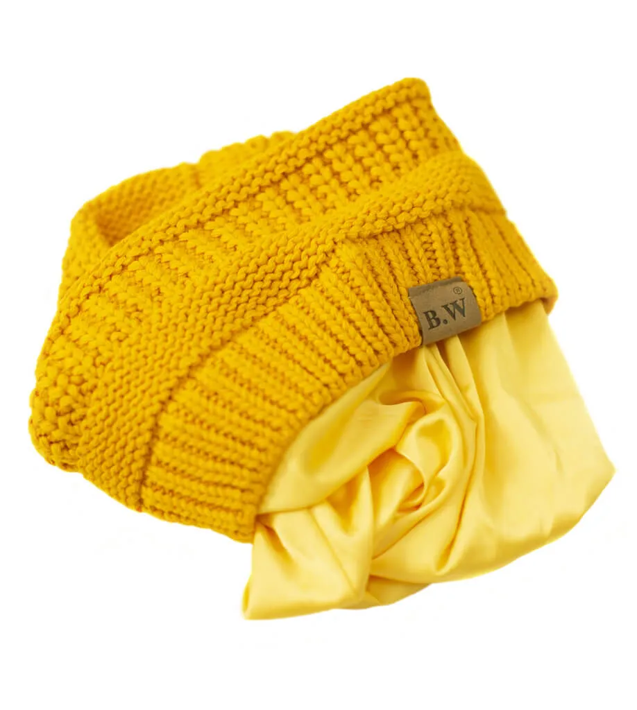 Winter Hat | Satin Lined | Detachable Pom Pom |  Yellow Beanie