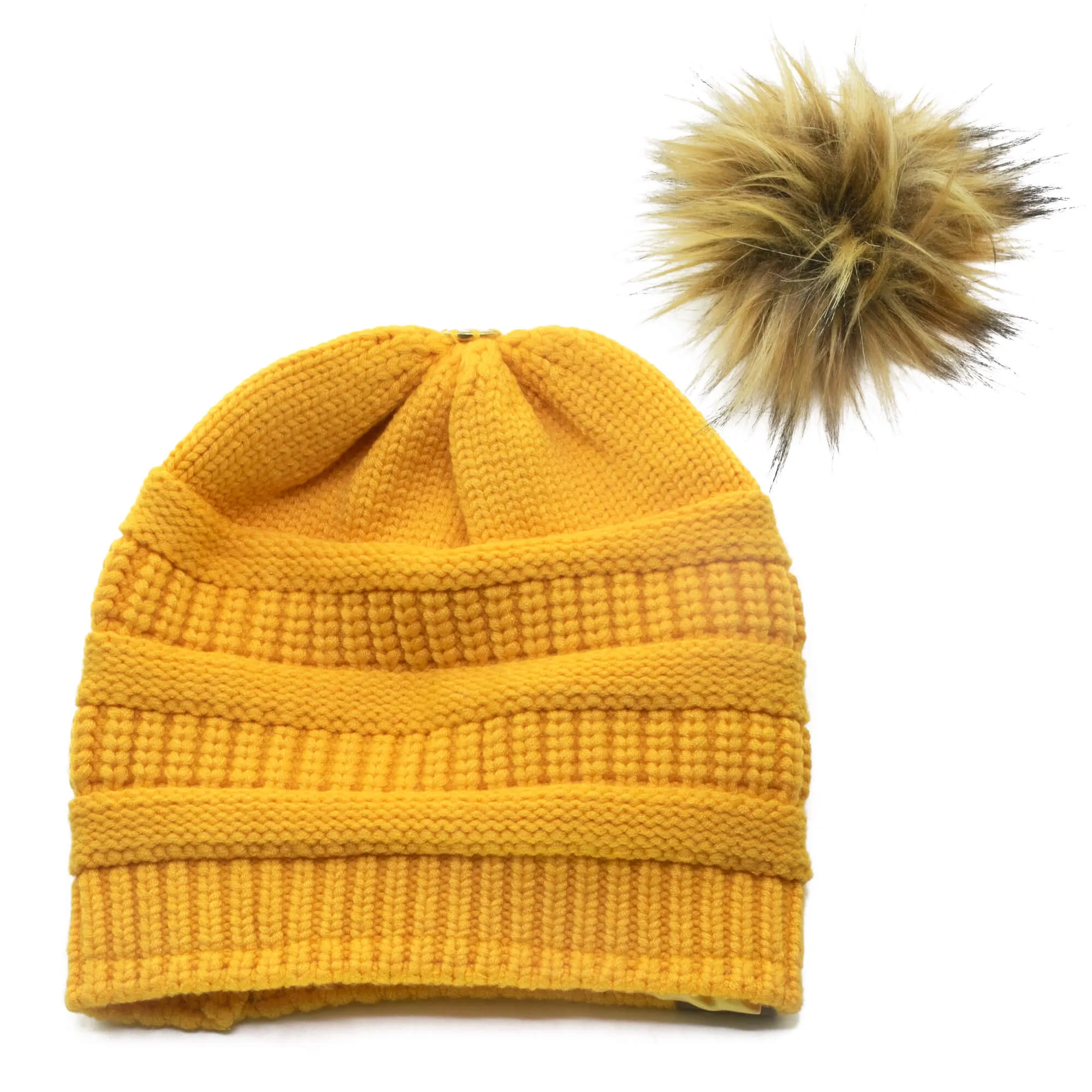 Winter Hat | Satin Lined | Detachable Pom Pom |  Yellow Beanie